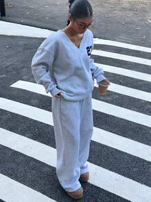 Muchica 2 件女士休闲超大 V 领蓬松运动衫和运动裤套装，数字 23 图案，运动复古风格，适合秋冬 - 淺灰色 - 查看 4