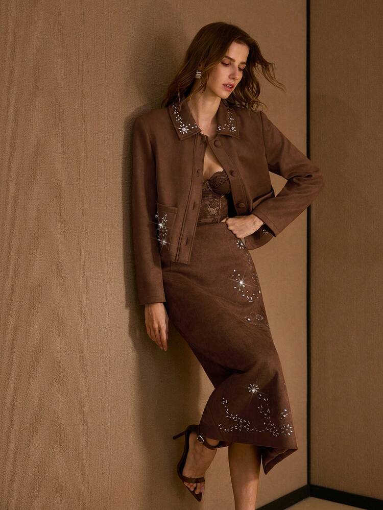 SUEDE RHINESTONE DETAIL STRAIGHT SKIRT
