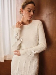 MOTF PREMIUM SEQUIN EMBELLISHED SHORT LONG SLEEVE KNIT DRESS, AUTUMN/WINTER - Apricot - View 2