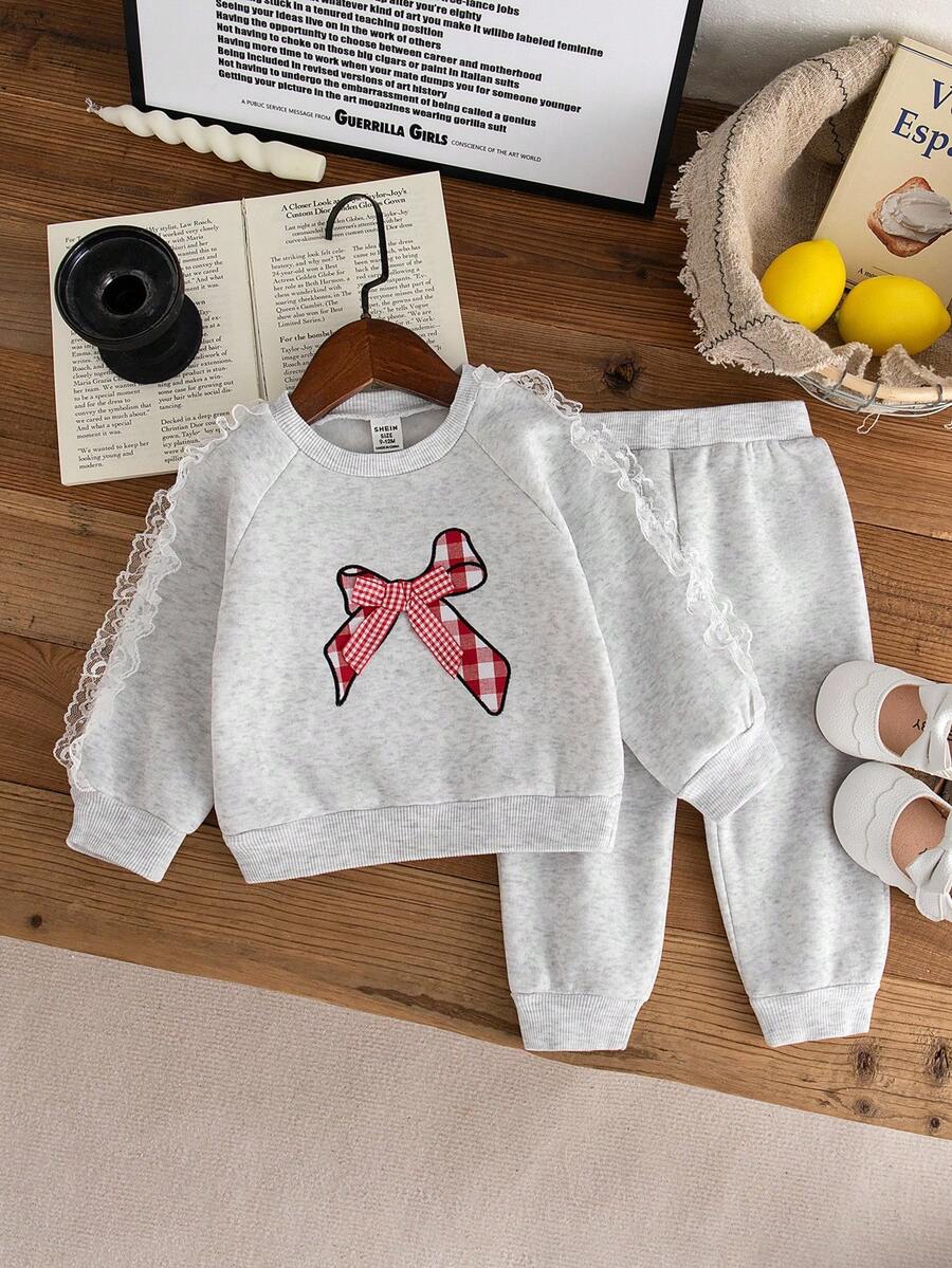 SHEIN 女婴新生儿0-3岁可爱爱心图案长袖卫衣和打底裤套装,百搭日常穿着,秋冬季 - 灰色 - 查看 1