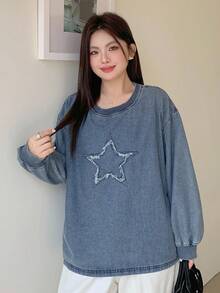 Dazy Plus 做旧拼布星星印花圆领宽松长袖牛仔卫衣，春秋季 - 灰色 - 查看 4