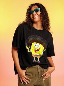 SpongeBob SquarePants | SHEIN Áo thun nữ dáng rộng màu đen in họa tiết cầu vồng hoạt hình dễ thương, vui nhộn, mùa hè - màu đen - Xem 5