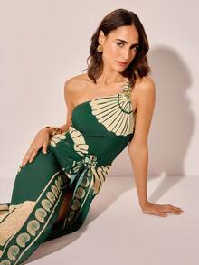 CAJUNI Women's Casual Vacation Seashell Print One-Piece Swimsuit, Olive Green One Shoulder Swimsuit Shell Bathing Suit Swimsuits For Woman One Piece Swimsuit - Multicolor - View 1