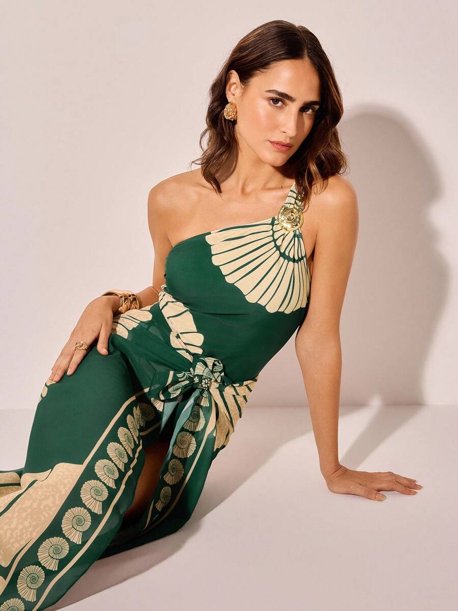 CAJUNI Women's Casual Vacation Seashell Print One-Piece Swimsuit, Olive Green One Shoulder Swimsuit Shell Bathing Suit Swimsuits For Woman One Piece Swimsuit - Multicolor - View 1