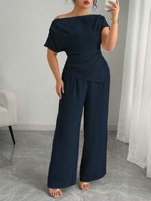 Elenzga Femei Plus Size Casual Culoare Solidă Țesute Oblique Umăr Plisat Talie Asimetrică Tiv Mânecă Scurt Pantaloni Drepți Set 2 Piese - Albastru regal - Vizualizare 1