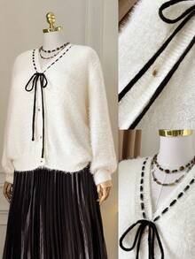 SHEIN Unity Plus Size Women Autumn V-Neck Contrast Color Bow Lantern Sleeve Button Cardigan Pleated Skirt Set Two Pieces Set Women Skirt Pleated Skirts For Women Fuzzy Cardigan Set Women Skirt Set Fall Winter Cloth For Women - Beige - View 1