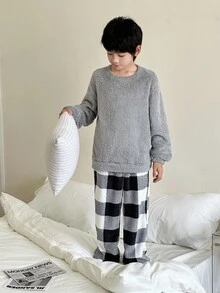 SHEIN 2pcs Tween Boy Casual Crew Neck Long Sleeve Top And Plaid Soft Fleece Pajama Pants Set, Comfortable Homewear Sleepwear, Autumn/Winter Fall