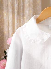 女孩甜美优雅可爱彼得潘领长袖衬衫，简单百搭纯色纽扣开衫上衣，适合日常休闲穿着 - 白色 - 查看 3