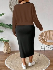 EMERY ROSE Plus Size Casual Sleeveless Dress With Printed Blouse - Brown - View 2