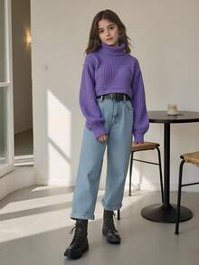 SHEIN Tween Girl Turtleneck Lantern Sleeve Sweater - Purple - View 8