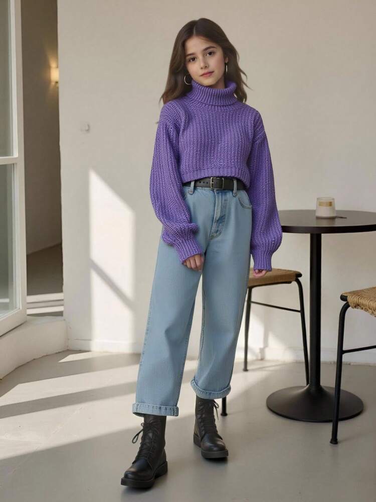 Tween Girl Turtleneck Lantern Sleeve Sweater