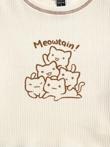 Y2Kool MsChibious Artist Girlcore 撞色针脚字母和卡通图案上衣 T 恤，适合夏季，93% 纯棉，节日、度假、春季、外出、节日，适合伊比沙岛 - 米色 - 查看 3