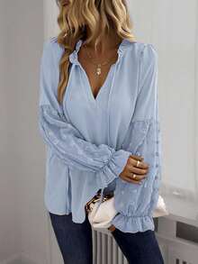EMERY ROSE Frill Trim V-Neck Puff Sleeve Embroidered Chiffon Blouse Fall Cloth For Women Swiss Dot Blouse Puff Sleeve Blouse Baby Blue Top Lantern Sleeve Blouse Light Blue Blouse - Baby Blue - View 5