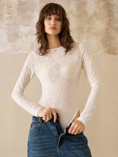 Cévolie Women's Solid & Floral Print Sheer Bodysuit, Sexy & Elegant Layering Piece Fall Cloth For Women