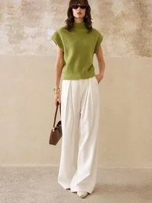 INAWLY Women's Solid Color Turtleneck Ribbed Knit Elegant Sleeveless Sweater - Olive Green - View 3