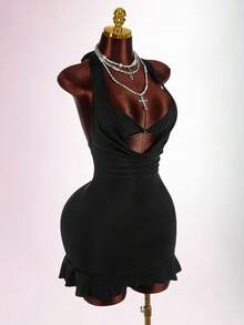 Amplova 女式性感露背系带紧身迷你连衣裙，带荷叶边下摆装饰 - 黑色 - 查看 6