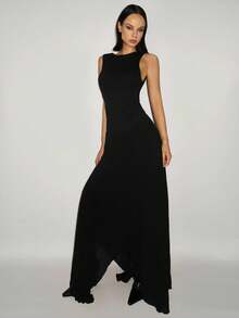 SHEIN ICON Váy hở lưng bằng vải voan lưới xẻ tà màu đen thanh lịch dành cho nữ - màu đen - Xem 4