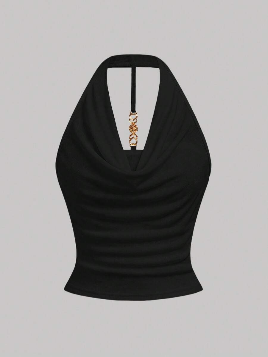 SHEIN Girlism 少女简约纯色垂坠领露背金属装饰吊带上衣 - 黑色 - 查看 1