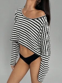 SHEIN MOOSTA 女士休闲宽松条纹不对称肩部短款蝙蝠袖T恤 - 黑與白 - 查看 4