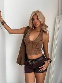 Aloruh Bohemian Deep V-Neck Lace-Up Suede Blouse Sexy - Brown - View 8