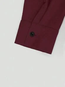 Sweetra 大码休闲腰部收紧长袖衬衫裙 - 酒紅色 - 查看 4