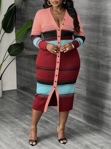 秋冬大码女式优雅条纹紧身针织开衫毛衣裙 - 彩色 - 查看 1