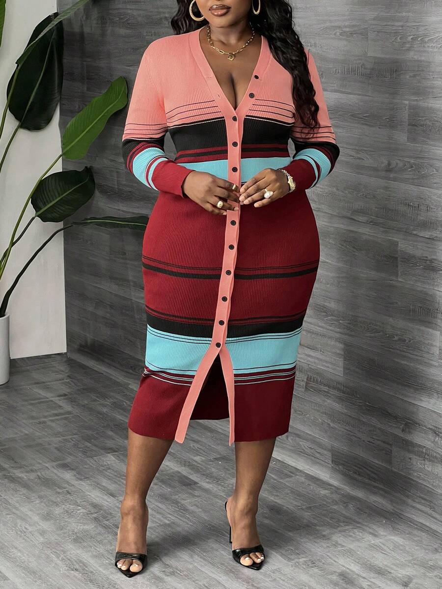 Váy len cardigan dệt kim ôm sát kẻ sọc thanh lịch cỡ lớn cho nữ vào mùa thu/đông - Nhiều màu - Xem 1