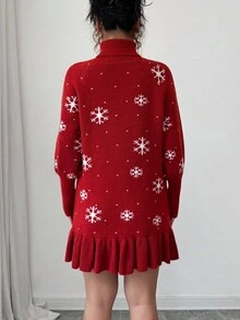 Selianne Vestido de suéter de cuello alto con ajuste holgado y dobladillo con volantes, con estampado de copos de nieve rojos, para otoño/invierno - Burdeos - Ver 4