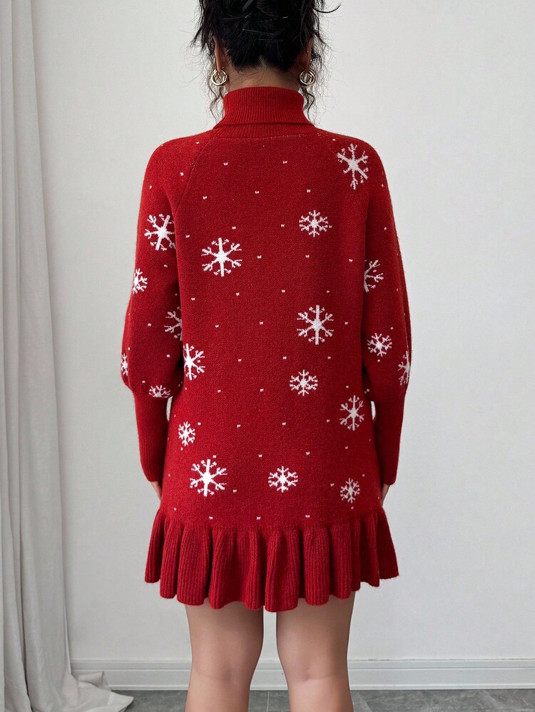 Selianne 女式宽松高领毛衣裙，荷叶边下摆，红色雪花图案，秋冬 - 酒紅色 - 查看 4