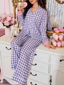 Bộ đồ ngủ kẻ caro gingham họa tiết nơ bong bóng, trang phục thu đông - Màu tím - Xem 3