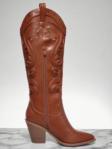 Solezae 女式迷人西式尖头粗跟刺绣及膝靴，内有拉链 - 駝色 - 查看 5