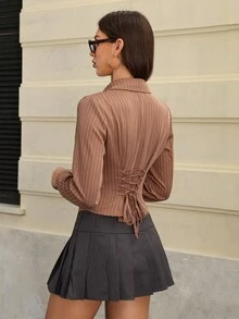 Flirla Women's Striped Lapel NeckLong Sleeve Single-Breasted Casual Lightweight Jacket, Autumn - Khaki - View 2