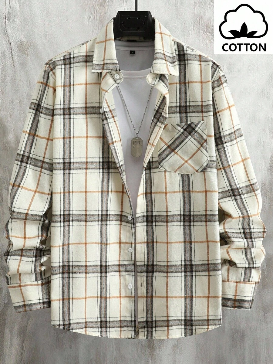 Manfinity Homme 男士休闲日常格子棉质轻薄衬衫 时尚男士长袖格子衬衫，带口袋 - 适合日常休闲穿着 常规版型男士多色格子衬衫，采用经典衬衫领的梭织面料 男士休闲学院风格子衬衫，长袖和口袋 - 多色设计，复古风格，适合秋季 - 彩色 - 查看 1