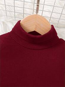 Young Girl Black Mock Neck Ruched Basics Solid Color Knit Tee,Great For Casual & Daily Wear & School Daily In Autumn & Winter Fall - Burgundy - View 4