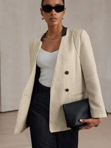 Aveloria Modichic Blazer Kasual Chic Musim Panas Warna Beige Gaya Prancis Tanpa Kerah dengan Patchwork Tweed & Kulit PU, Kancing Ganda, Longgar untuk Wanita - MultiWarna - View 4