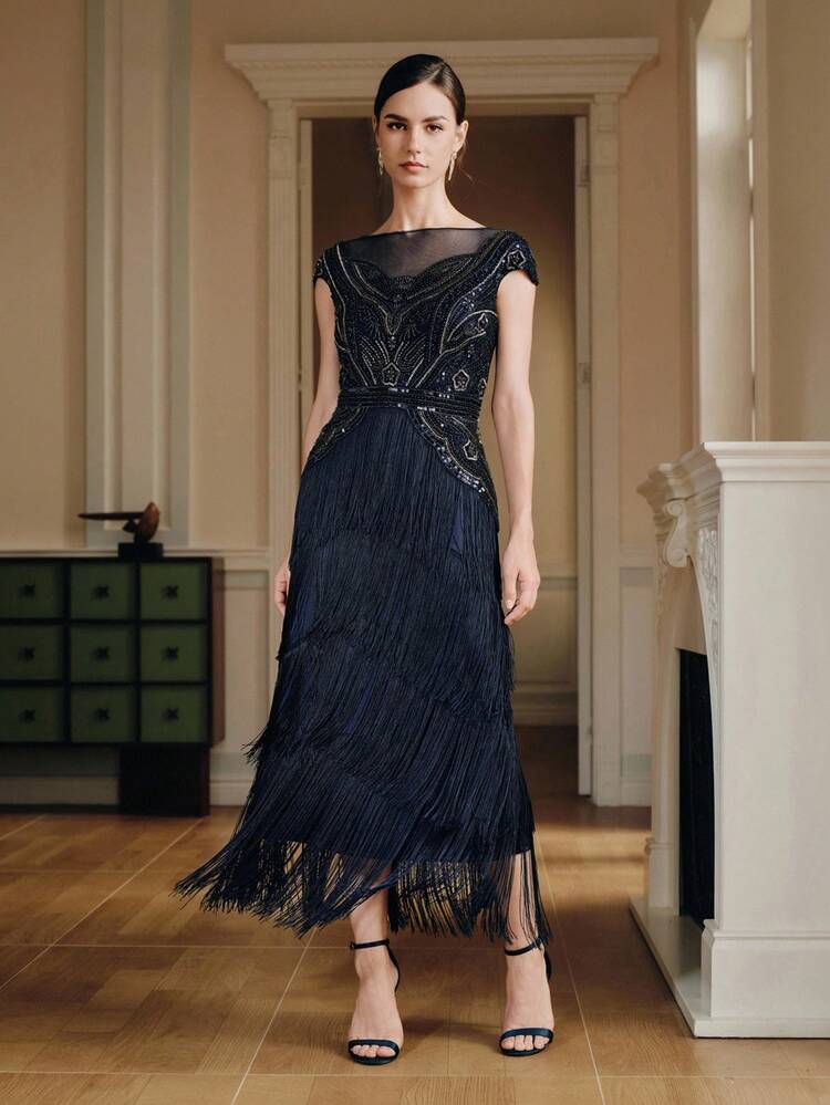 Vestido de fiesta de estilo bohemio de alta gama con parches, flecos y cuentas para mujer