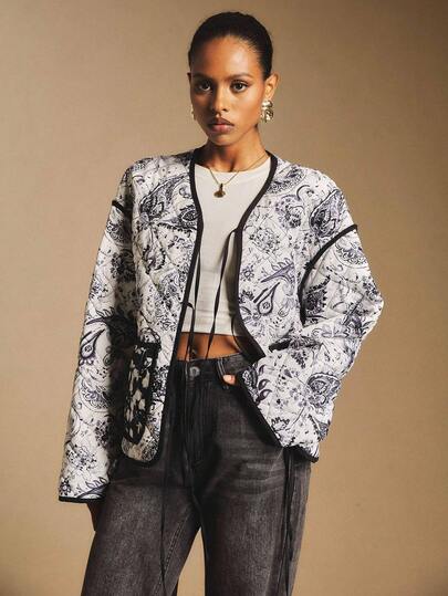 Poéselle Manteau long à manches longues avec rembourrage, col en V et lien à l'avant, imprimé tout-sur-tout pour femmes, Manteau élégant pour femmes avec poignets blancs et bords effilochés, Manteau d'affaires décontracté pour femmes, Manteau d'hiver pour femmes, Manteau d'automne pour femmes, Manteau décontracté pour femmes, Argent ancien, Femmes élégantes, Automne Hiver