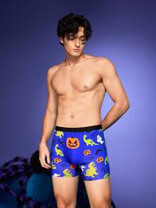 Notgurli Halloween Colorblock Pumpkin Dinosaur Ghost Spider Web Cute Funny High Waist Boxer Briefs, Comfortable Lifting For Men - Blue - View 6