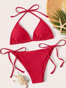 Swim Basics 2pcs Reversible Triangular Cup Tie Side Bikini Swimsuit - Red - View 6