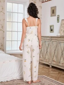 CottageSlumber Chiffon Yellow Floral Print Romantic Ruffle Trim Camisole & Pants Pajama Set Sleepwear Sets For Women Women Pajama Sets Summer Lounge Sets For Women Floral Pajama Sets Summer Pajama Sets For Women  Cozy And Elegant Details - Apricot - View 3