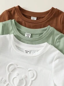 SHEIN 3 件装可爱卡通压花图案长袖卫衣，适合男婴和女婴，百搭秋冬男女通用婴儿服装 - 彩色 - 查看 3