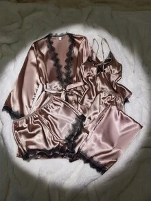 SilkySpell 4件套女士性感蕾丝吊带睡衣套装，蕾丝边短裤，长裤，优雅缎面腰带睡袍，四季皆宜的缎面睡衣套装，缎面睡袍套装，缎面内衣套装，睡衣套装，秋冬服装 - 棕色 - 查看 6