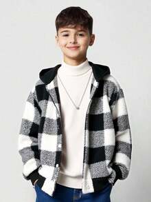 Tween Boys Casual Plaid Fleece Hooded Jacket, Open Front Loose Thick Outerwear For Autumn/Winter, Boys Teddy Jacket, Boys Plaid Jacket, Kids Black And White Hoodie Fall - Black - View 1