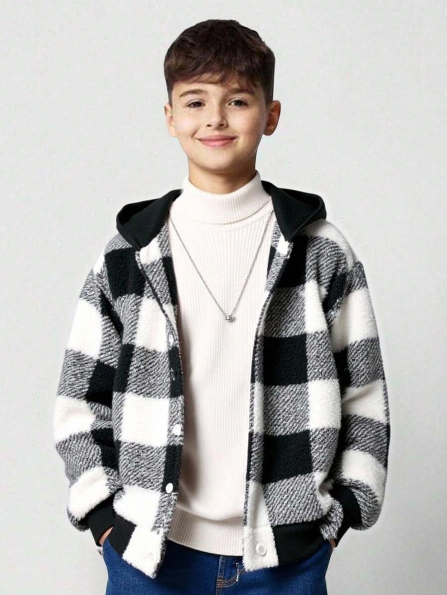 Tween Boys Casual Plaid Fleece Hooded Jacket, Open Front Loose Thick Outerwear For Autumn/Winter, Boys Teddy Jacket, Boys Plaid Jacket, Kids Black And White Hoodie Fall - Black - View 1