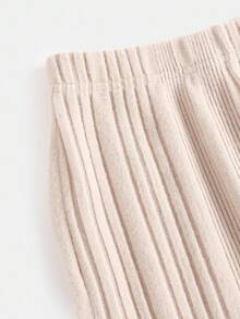 SHEIN 青少年女孩休闲圆领褶皱腰上衣和喇叭裤，舒适家居服 - 杏色 - 查看 5