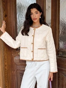 SHEIN Frenchy Casaco Longo de Manga Comprida com Bolso Frontal, Recorte Contrastante e Acolchoado para Mulheres