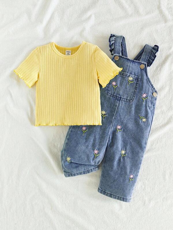 SHEIN Vintaside Kids 2-Piece Baby Girl Set Casual Cute Versatile Solid Color Short-Sleeved Top And Floral Embroidered Denim Overalls Set, Suitable For Spring And Summer Daily Wear Fall Winter