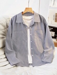 青少年女孩休闲时尚度假百搭户外条纹长袖衬衫，秋冬 - 黑與白 - 查看 3