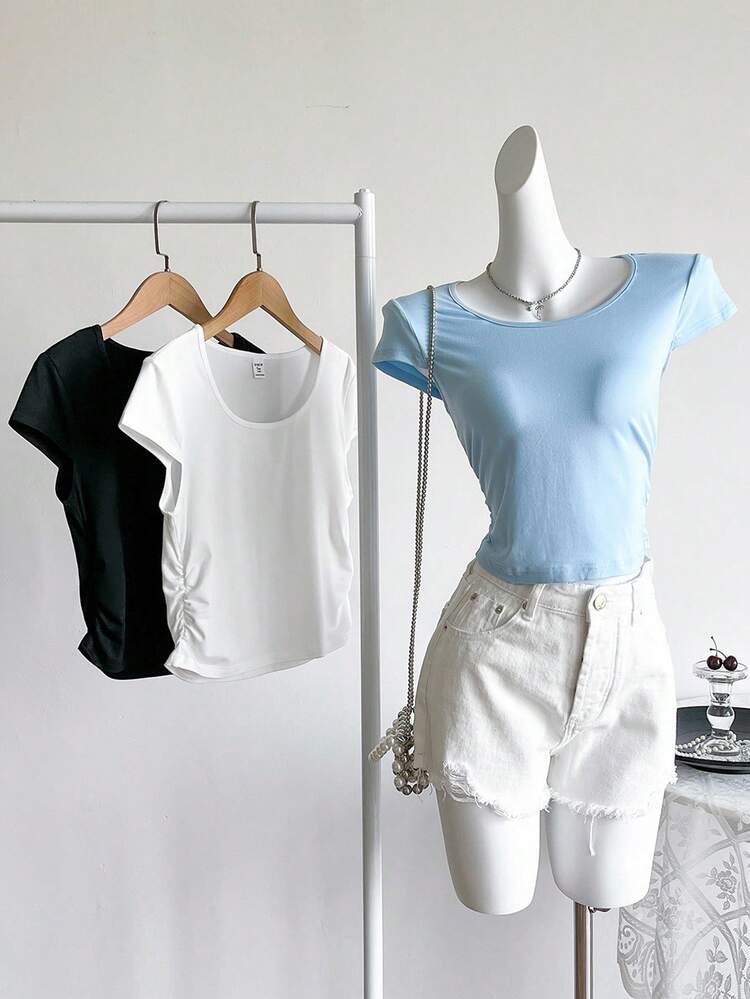 Teen Girl Casual Versatile Minimalist Urban Black White Blue 3-Color T-Shirt Set - Multicolor - View 1