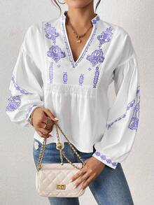 SHEIN LUNE 女式褶皱图案印花长袖纽扣衬衫荷叶边上衣 - 紫色 - 查看 5